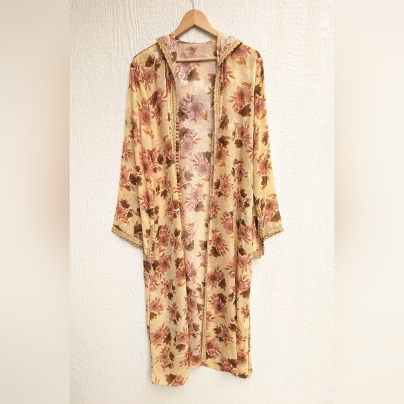 Vintage Handmade Floral Retro Sheer Open Duster Kimono Cover-up Made In Morocco - Picture 1 of 9